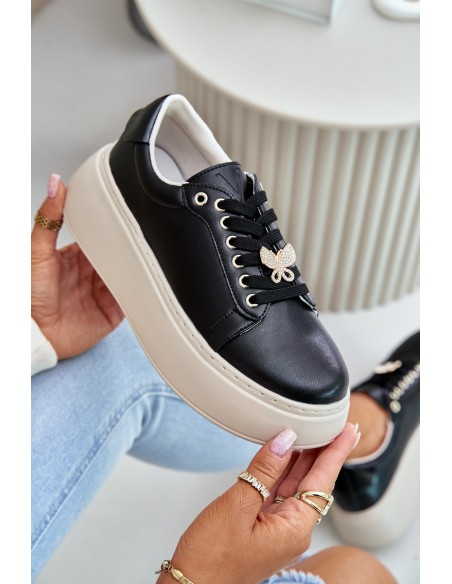 Leather Women's Platform Sneakers With Brooch Vinceza 89101 Black