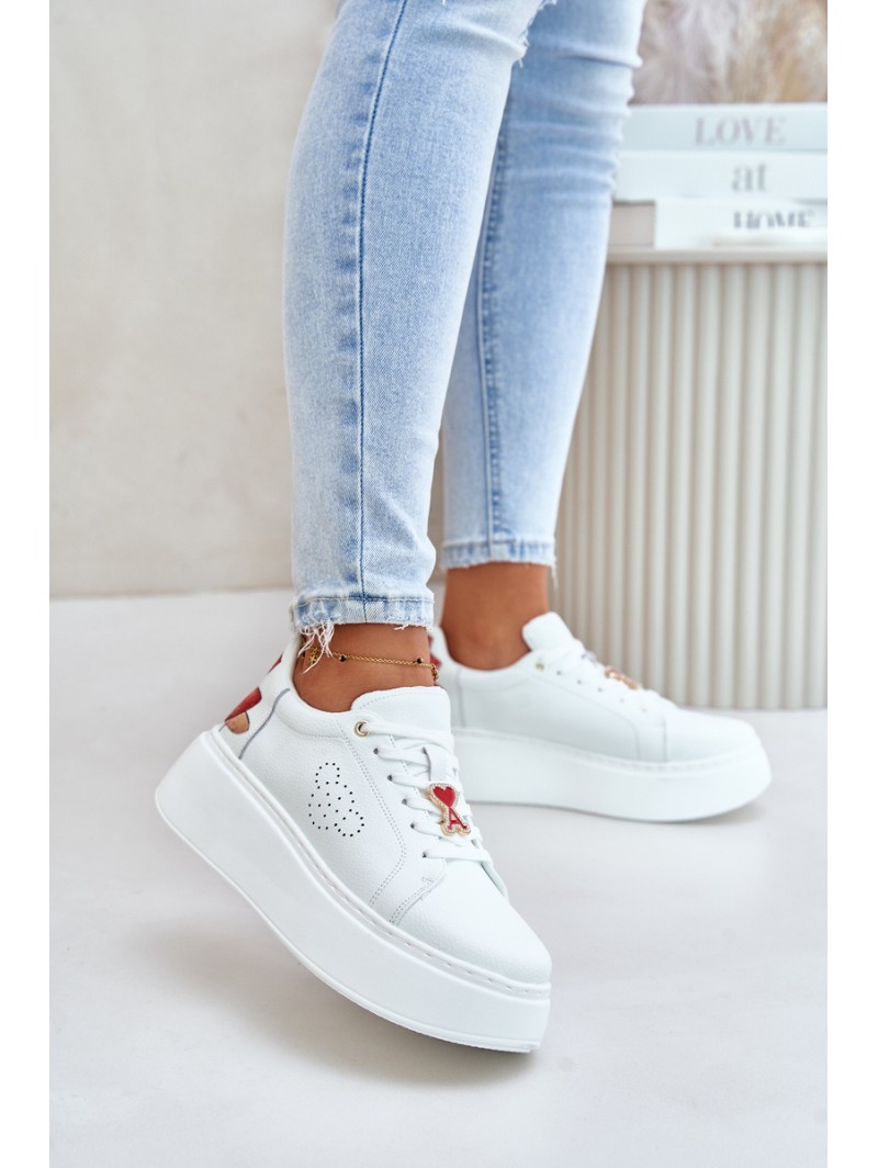Women's Leather Sneakers On Platform With Pendant And Decorative Flower 89100 White
