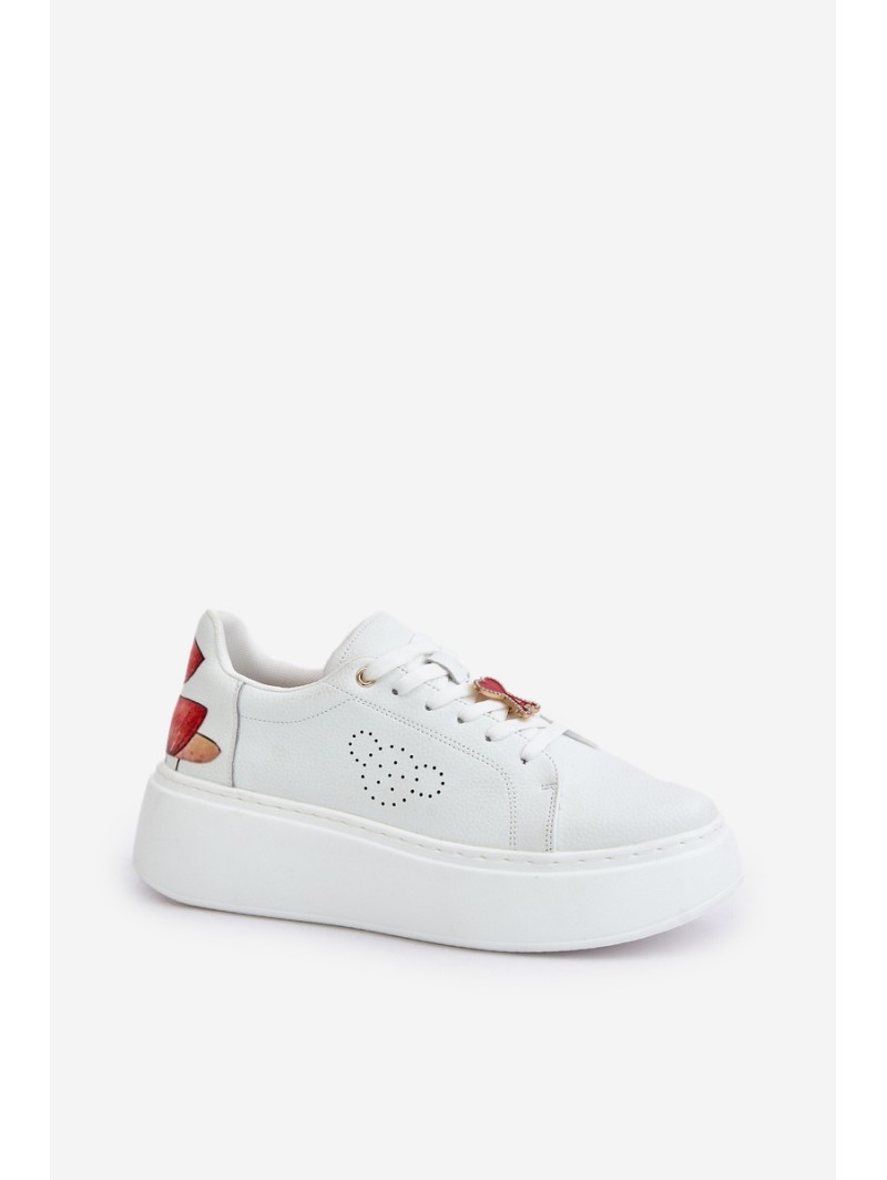 Women's Leather Sneakers On Platform With Pendant And Decorative Flower 89100 White