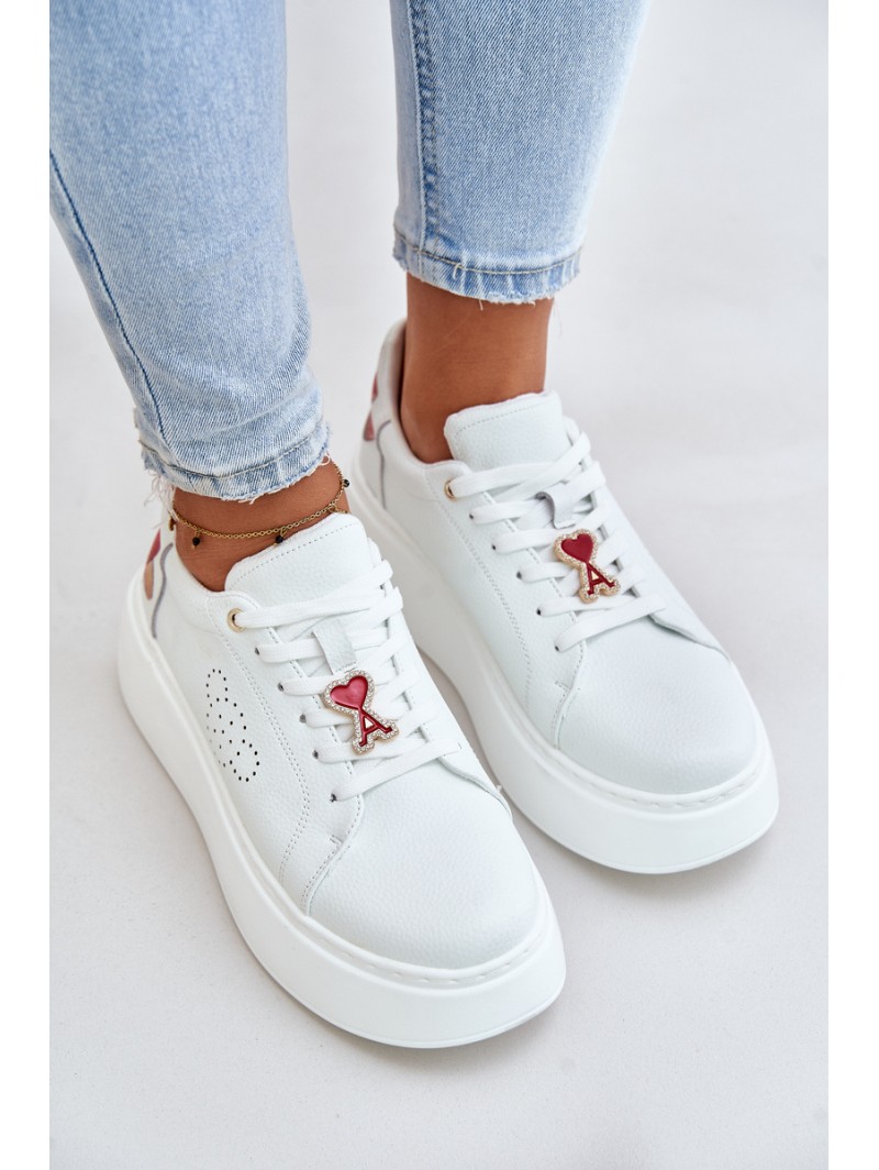 Women's Leather Sneakers On Platform With Pendant And Decorative Flower 89100 White