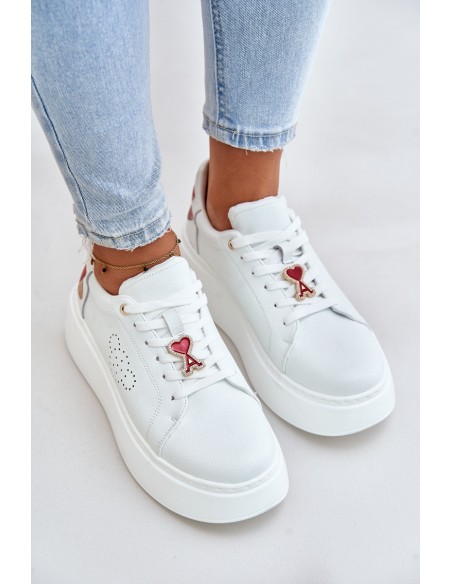 Women's Leather Sneakers On Platform With Pendant And Decorative Flower 89100 White
