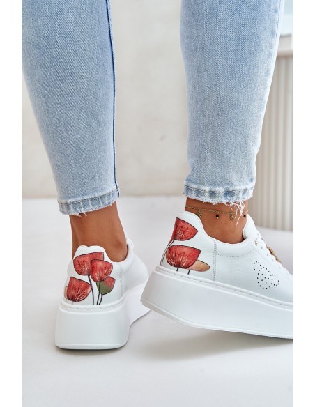 Women's Leather Sneakers On Platform With Pendant And Decorative Flower 89100 White