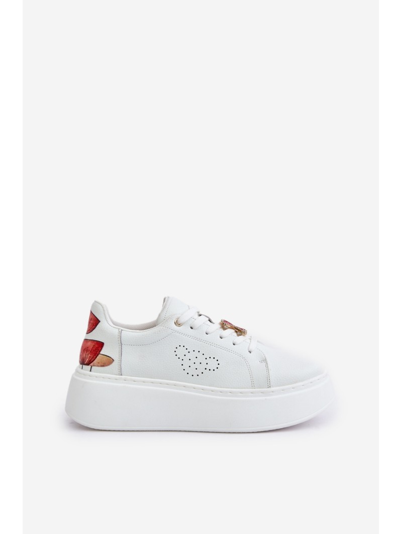 Women's Leather Sneakers On Platform With Pendant And Decorative Flower 89100 White