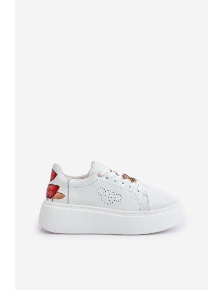 Women's Leather Sneakers On Platform With Pendant And Decorative Flower 89100 White