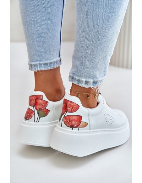 Women's Leather Sneakers On Platform With Pendant And Decorative Flower 89100 White