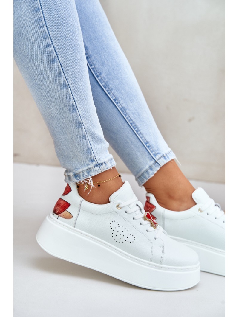 Women's Leather Sneakers On Platform With Pendant And Decorative Flower 89100 White