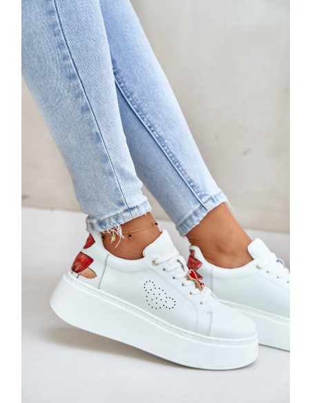 Women's Leather Sneakers On Platform With Pendant And Decorative Flower 89100 White