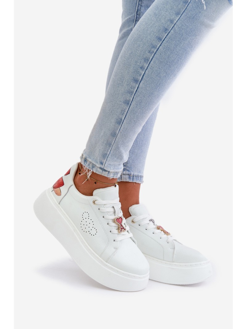 Women's Leather Sneakers On Platform With Pendant And Decorative Flower 89100 White
