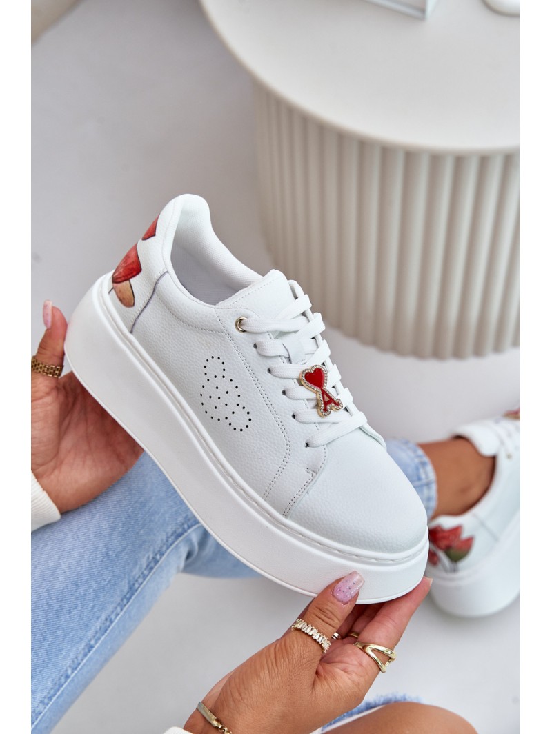 Women's Leather Sneakers On Platform With Pendant And Decorative Flower 89100 White