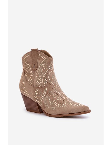 Embellished Cowboy Ankle Boots With Heel Beige Kaivina