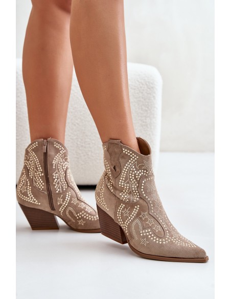 Embellished Cowboy Ankle Boots With Heel Beige Kaivina