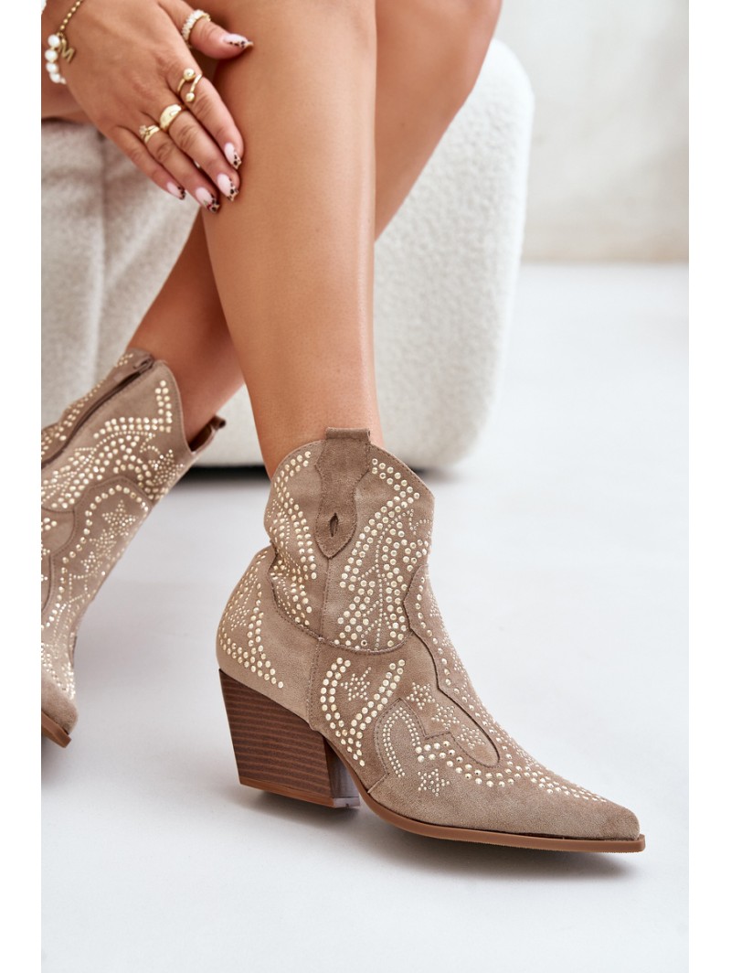 Embellished Cowboy Ankle Boots With Heel Beige Kaivina