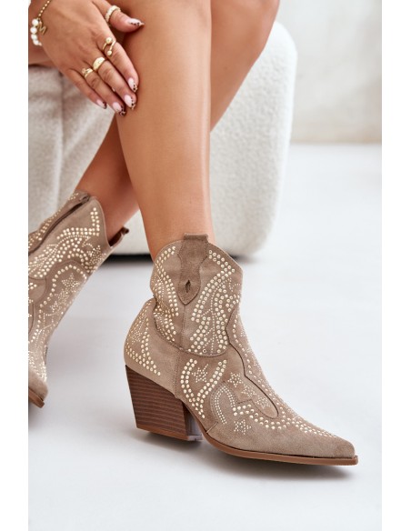 Embellished Cowboy Ankle Boots With Heel Beige Kaivina