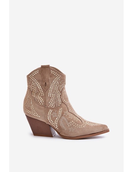 Embellished Cowboy Ankle Boots With Heel Beige Kaivina