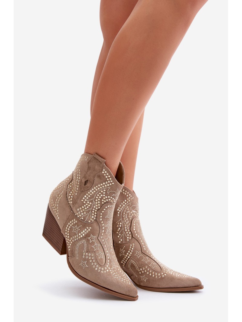 Embellished Cowboy Ankle Boots With Heel Beige Kaivina