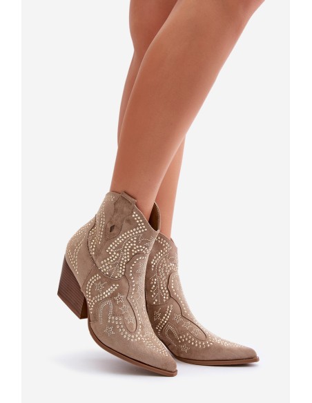 Embellished Cowboy Ankle Boots With Heel Beige Kaivina