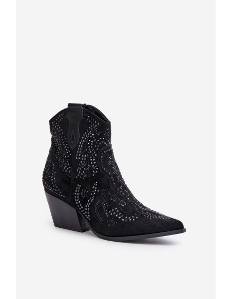 Decorated Cowboy Ankle Boots Black Kaivina