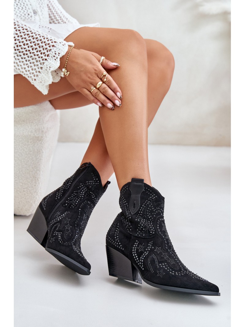 Decorated Cowboy Ankle Boots Black Kaivina