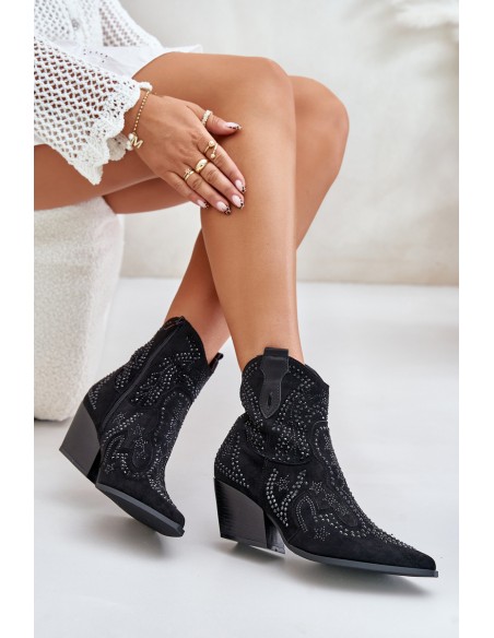 Decorated Cowboy Ankle Boots Black Kaivina