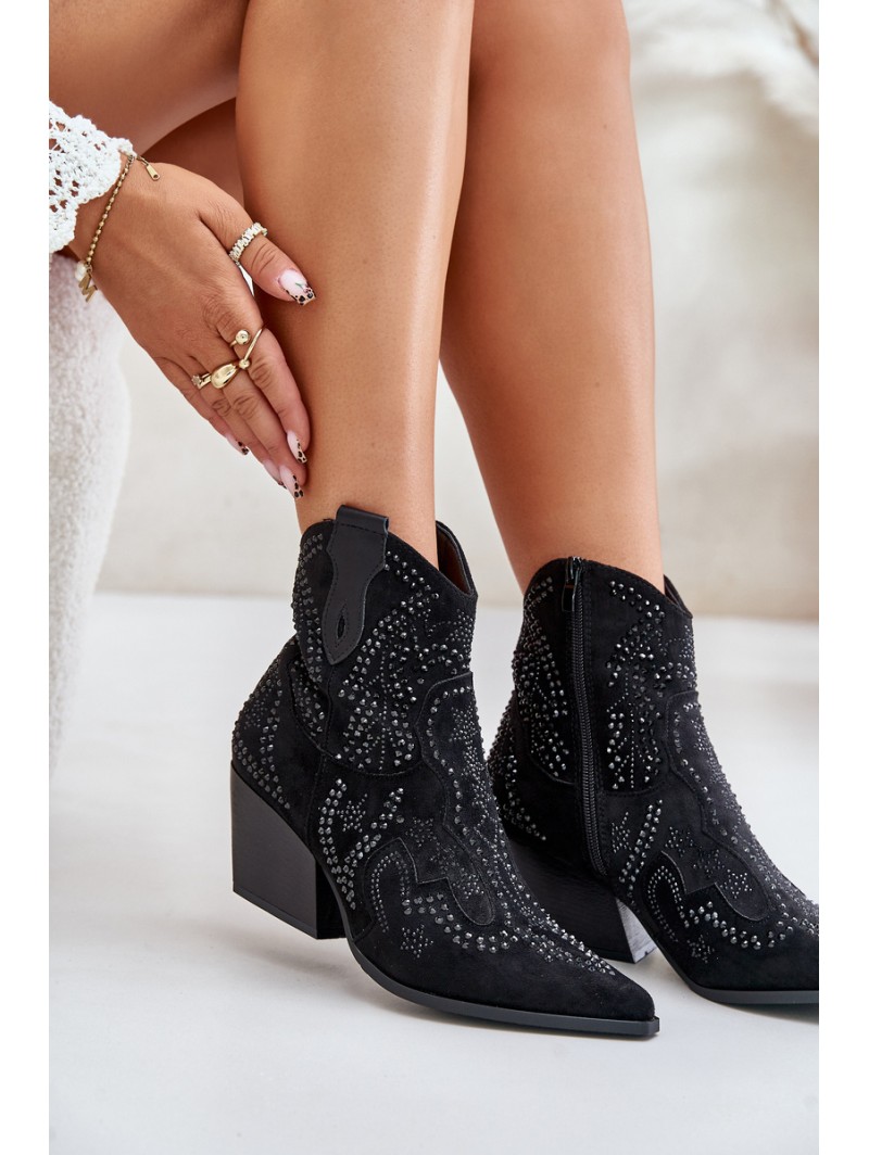 Decorated Cowboy Ankle Boots Black Kaivina