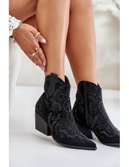 Decorated Cowboy Ankle Boots Black Kaivina