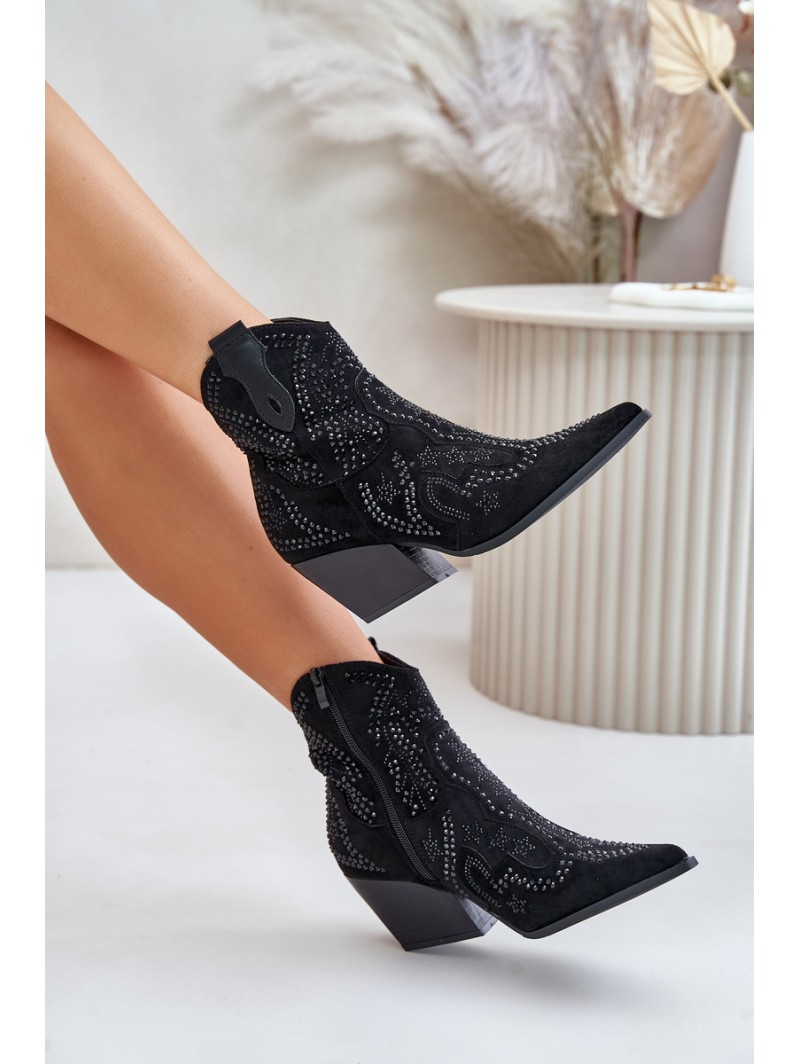Decorated Cowboy Ankle Boots Black Kaivina