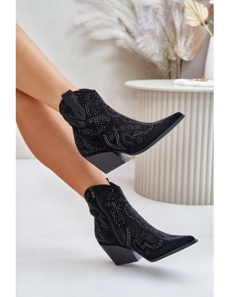 Decorated Cowboy Ankle Boots Black Kaivina