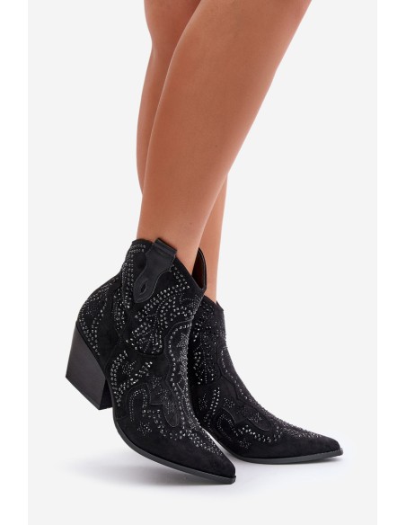 Decorated Cowboy Ankle Boots Black Kaivina