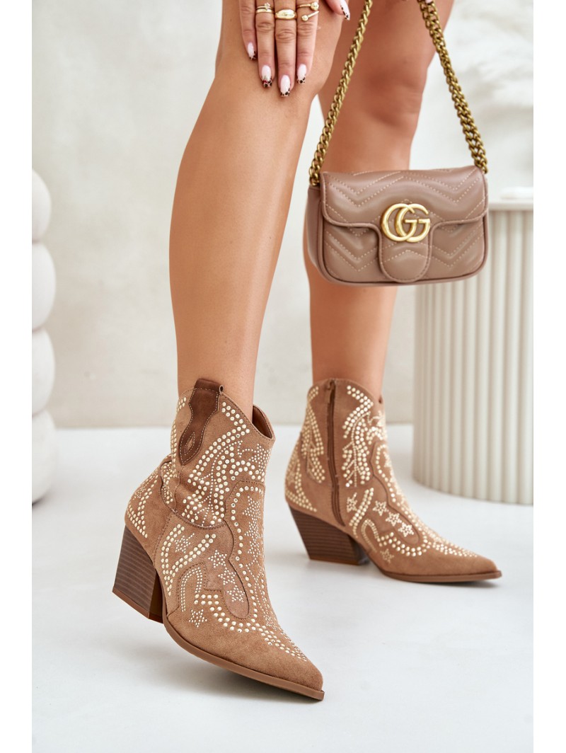 Embellished Cowboy Ankle Boots On Heels Camel Kaivina