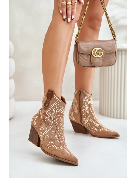 Embellished Cowboy Ankle Boots On Heels Camel Kaivina