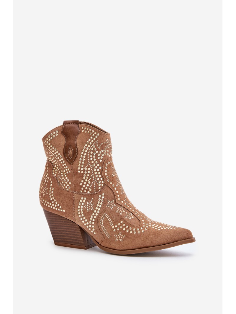 Embellished Cowboy Ankle Boots On Heels Camel Kaivina