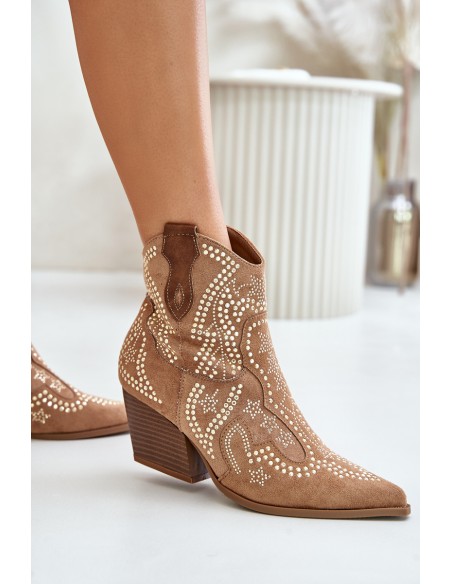 Embellished Cowboy Ankle Boots On Heels Camel Kaivina