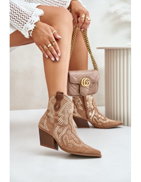 Embellished Cowboy Ankle Boots On Heels Camel Kaivina