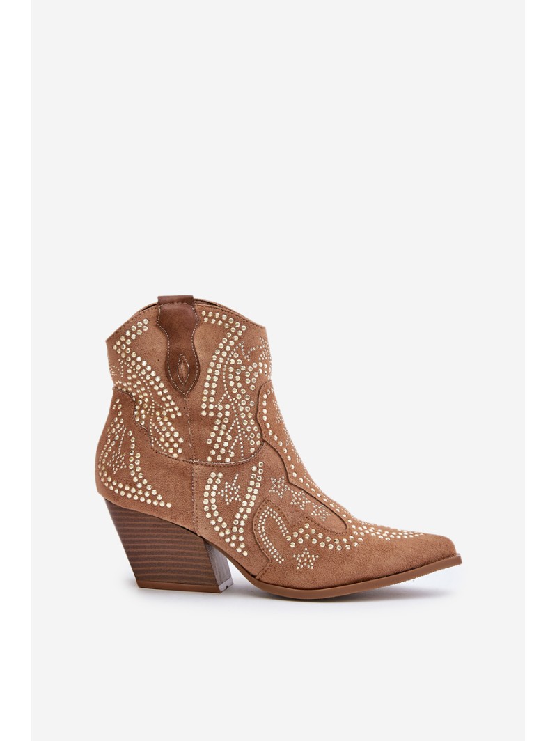 Embellished Cowboy Ankle Boots On Heels Camel Kaivina