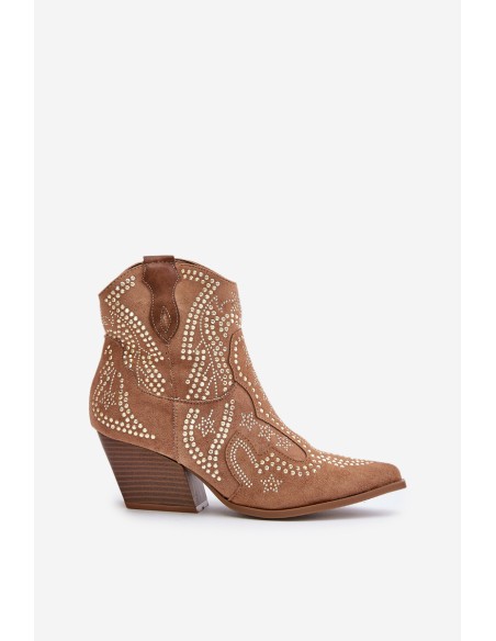 Embellished Cowboy Ankle Boots On Heels Camel Kaivina