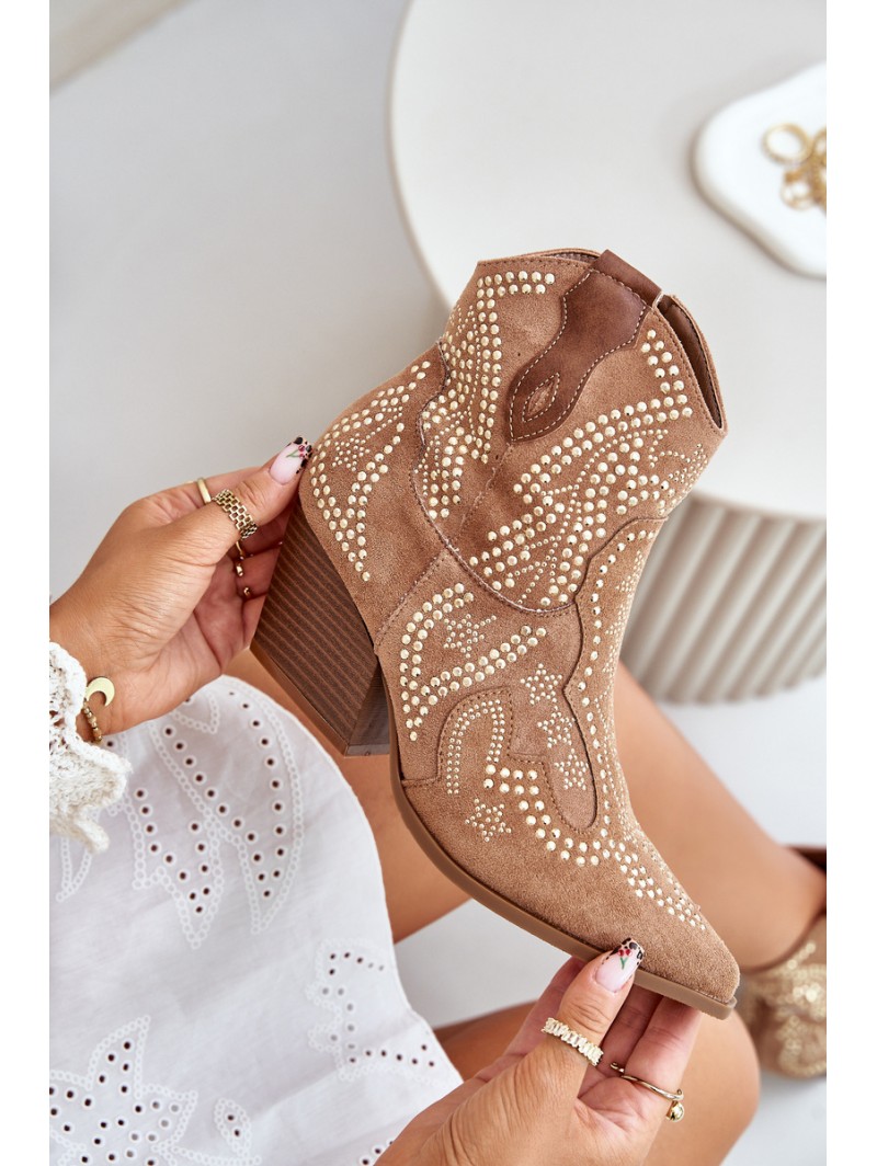 Embellished Cowboy Ankle Boots On Heels Camel Kaivina