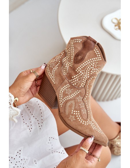 Embellished Cowboy Ankle Boots On Heels Camel Kaivina
