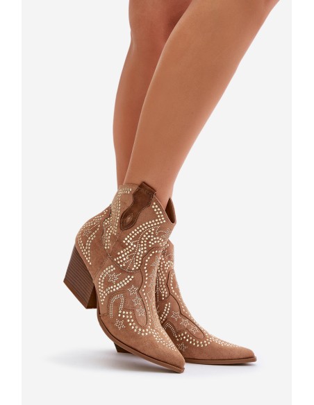 Embellished Cowboy Ankle Boots On Heels Camel Kaivina