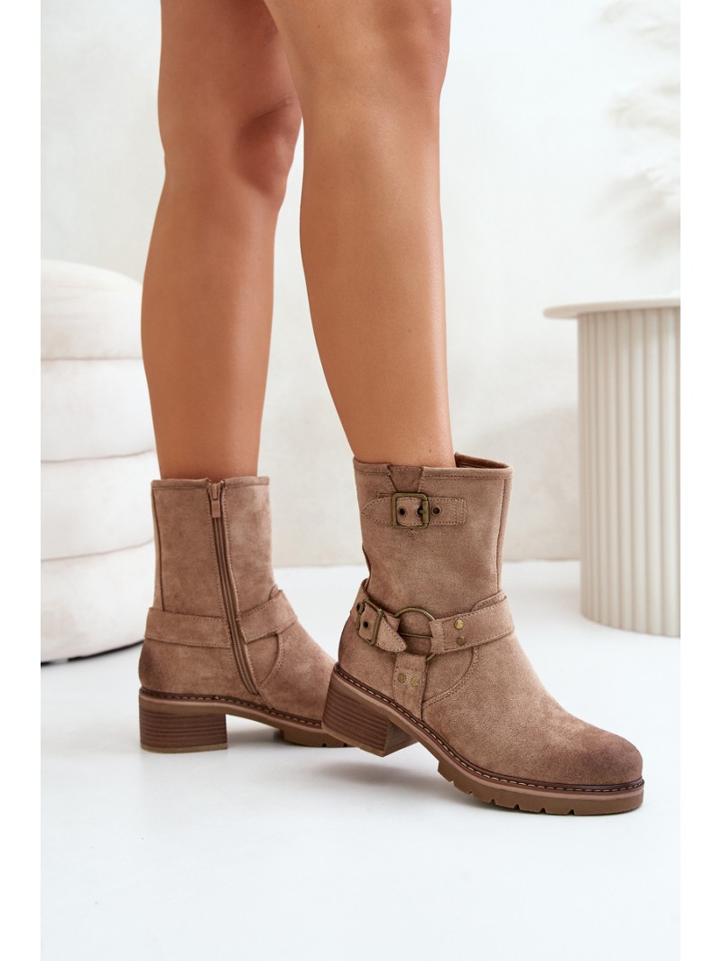 Womens Low Heel Boots With Buckles Dark Beige Zudra