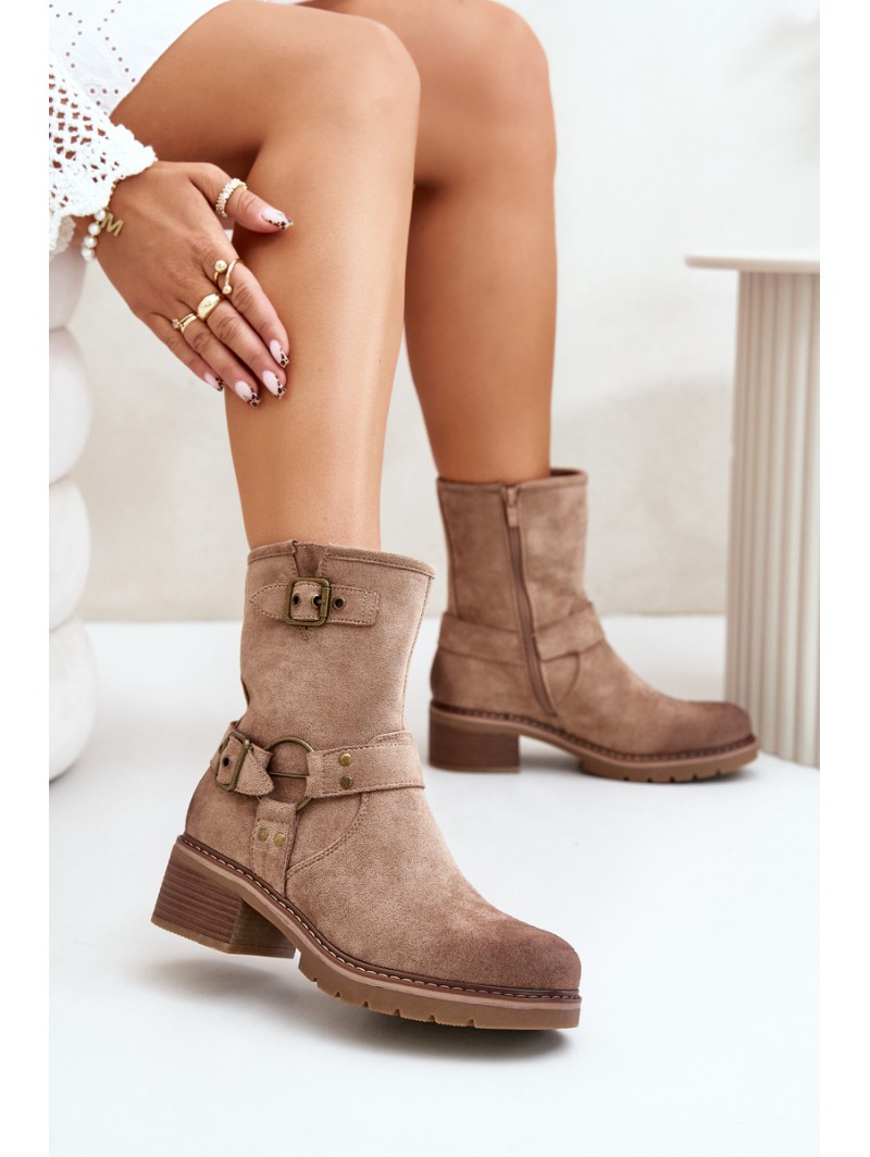 Womens Low Heel Boots With Buckles Dark Beige Zudra