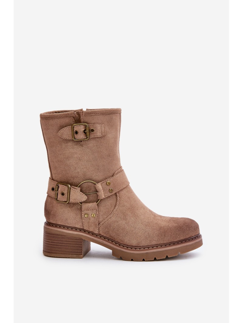 Womens Low Heel Boots With Buckles Dark Beige Zudra