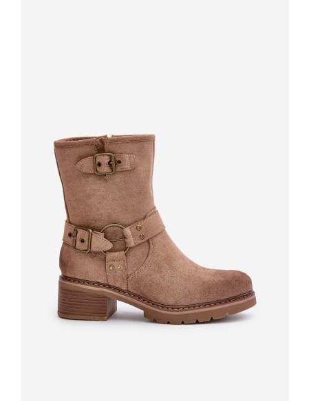 Womens Low Heel Boots With Buckles Dark Beige Zudra