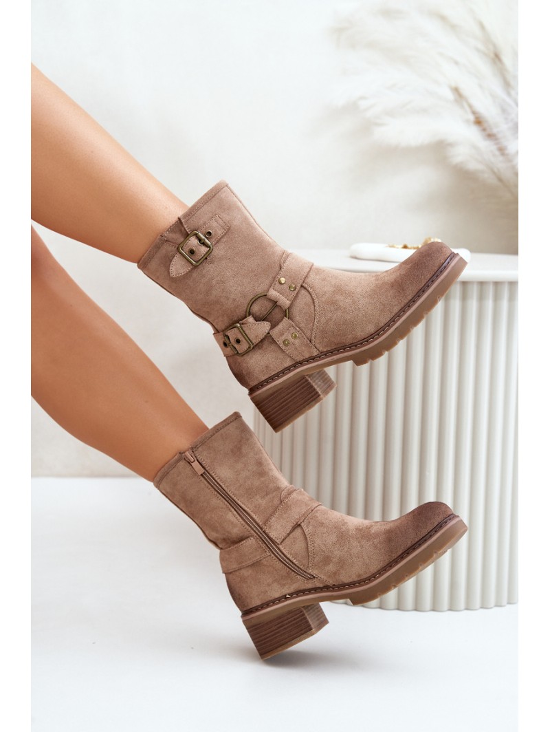 Womens Low Heel Boots With Buckles Dark Beige Zudra