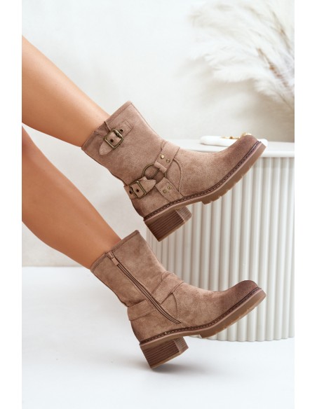 Womens Low Heel Boots With Buckles Dark Beige Zudra