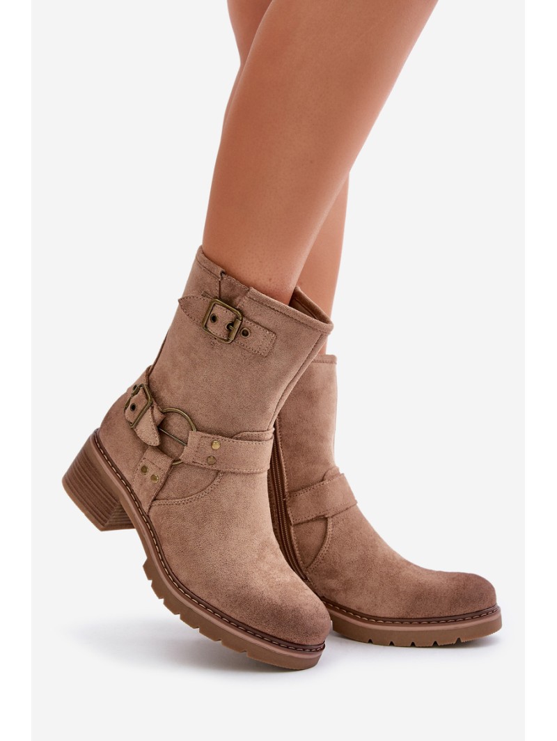 Womens Low Heel Boots With Buckles Dark Beige Zudra