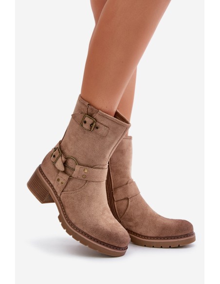 Womens Low Heel Boots With Buckles Dark Beige Zudra