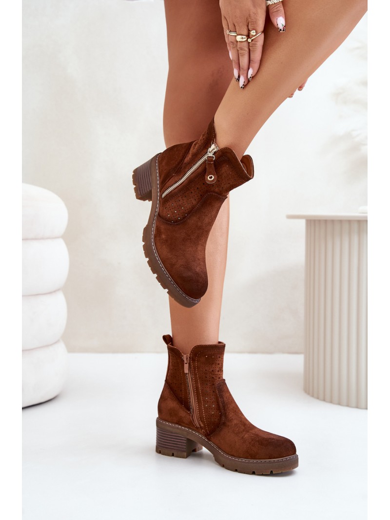 Women's Ankle Boots With Openwork Pattern On Heel Brown Oviria