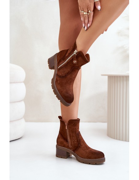 Women's Ankle Boots With Openwork Pattern On Heel Brown Oviria