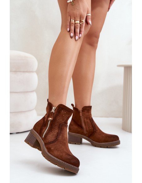 Women's Ankle Boots With Openwork Pattern On Heel Brown Oviria