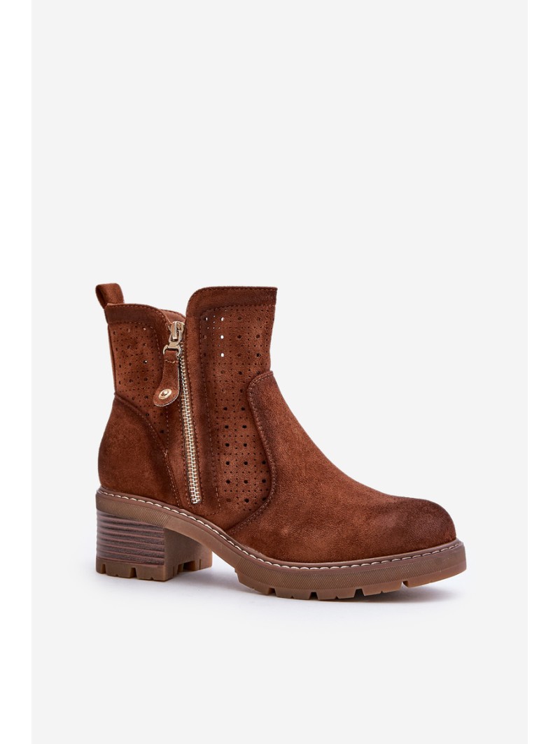 Women's Ankle Boots With Openwork Pattern On Heel Brown Oviria